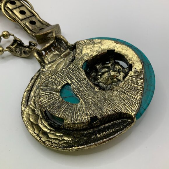 Retro Artisan Style Oversized Faux Turquoise Pendant Mixed Metals Boho Necklace - Picture 3 of 9